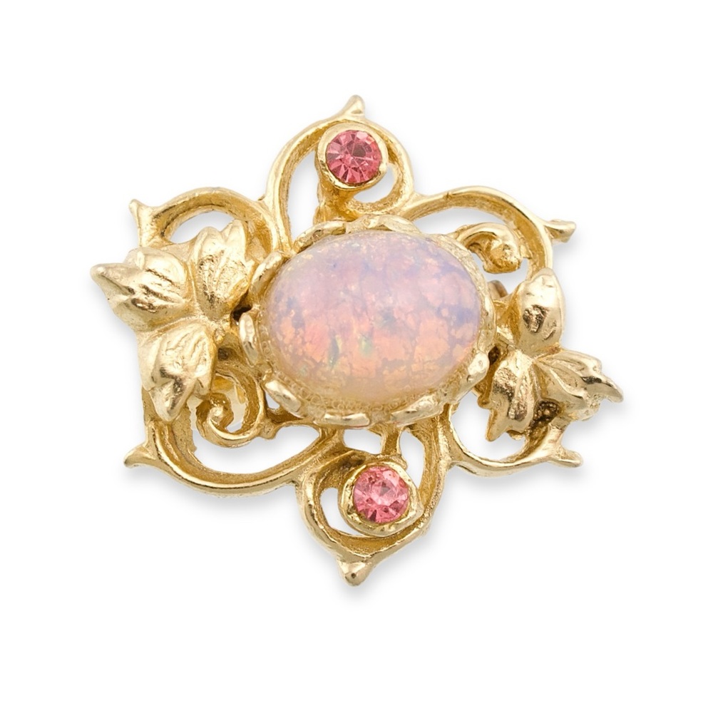 Vintage Coro Faux Fire Opal Brooch Pin Pink Rhinestone Gold Plated Mid-Century